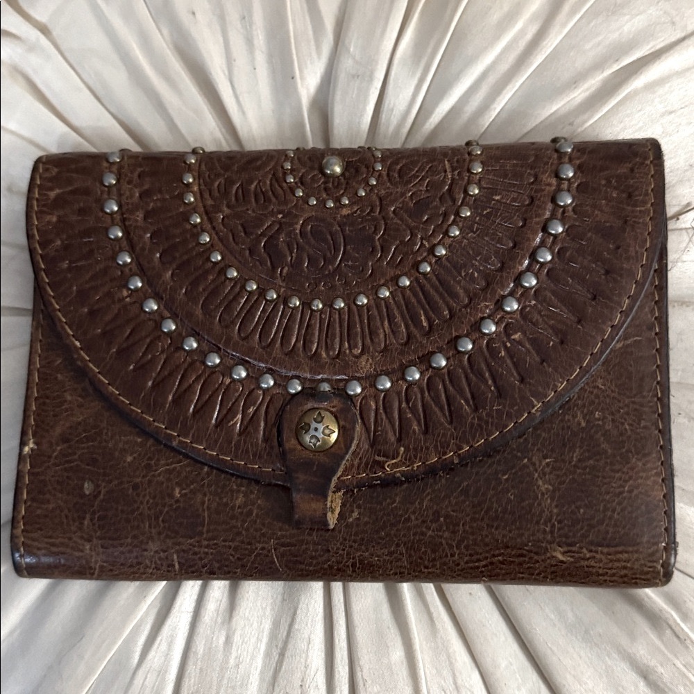 Patricia Nash Western Studded Tooled Brown Leather Handbag Trifold Wallet